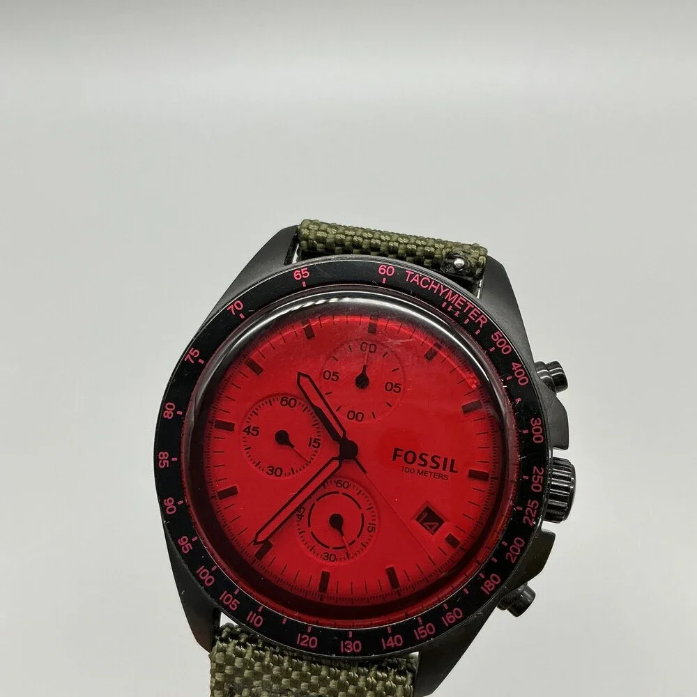 Fossil Mens Watch 44mm Red Dial Green Canvas Leather Chronograph CH3064 New Batt